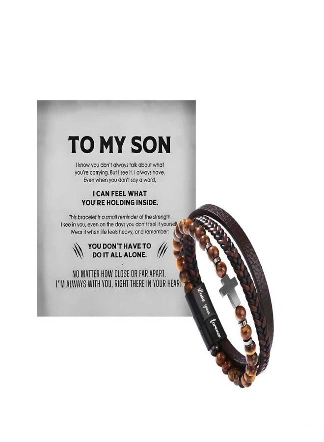 The Guardian - Son's Tiger Eye Protection Bracelet From Mom, Black Braided Leather natural stone Inspirational Bracelets Engraved Love You Forever Birthday Gift Jewelry (The Guardian-Tiger Eye-cross)